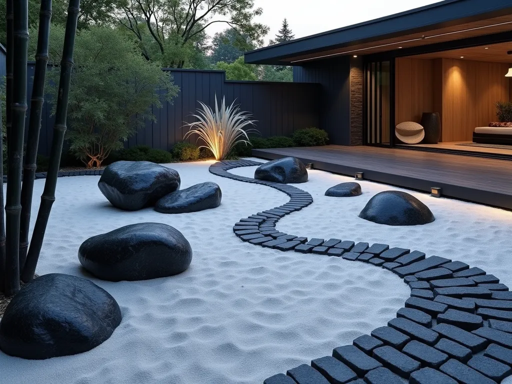 Modern Japanese-Inspired Zen Rock Garden at Dusk - A serene modern Japanese zen garden at dusk, featuring sleek polished black river rocks arranged in mesmerizing wave patterns across pristine white sand. Large charcoal-colored boulders emerge strategically from the rock pattern, creating dramatic focal points. Tall, elegant black bamboo stalks cast gentle shadows in the warm evening light, while wispy silver fountain grass sways softly along the garden's edge. Minimal architectural lighting illuminates the scene, highlighting the glossy texture of the black stones and creating a contemplative atmosphere. A modern wooden deck platform offers a peaceful viewing area for this sophisticated landscape design, photographed from a three-quarter elevated angle to showcase the flowing patterns and spatial composition.