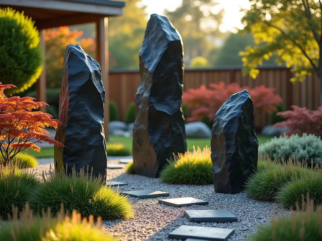 Dramatic Monolithic Black Rock Garden Feature - A stunning garden composition featuring three towering black basalt monoliths, arranged asymmetrically in a Japanese-inspired Zen garden setting. The largest monolith stands 6 feet tall, its polished surface gleaming in golden hour sunlight. Low-growing ornamental grasses and Japanese forest grass create a soft contrast against the stark rocks, while strategically placed copper-colored Japanese maples provide height variation. A winding gravel path leads through the scene, with small slate stepping stones. The wide-angle perspective captures the entire arrangement, with natural bokeh effect in the background featuring a modern wooden deck. Soft evening light casts dramatic shadows, emphasizing the rocks' sculptural qualities. Shot with DSLR camera, f/8, ISO 100, 1/125 speed, capturing the interplay of light and shadow on the rock surfaces.