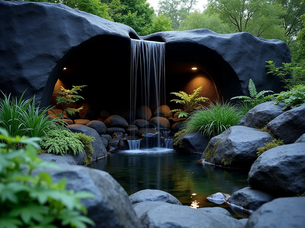 Tranquil Black Rock Grotto at Dusk - A serene garden grotto photographed at dusk with dramatic lighting. Large, glossy black rocks form natural curved walls creating an intimate alcove. Gentle streams of water cascade over the dark stones into a small reflective pool. Japanese forest grass and dark-leaved heuchera spill softly between rocks while delicate ferns emerge from crevices. Moss-covered stones add texture and green accents. Small landscape lights illuminate the water features and create mysterious shadows. Shot with a wide-angle lens to capture the immersive atmosphere, with the camera positioned low to emphasize the grotto's height and depth. The scene feels like a peaceful sanctuary, with the black rocks providing elegant structure and drama.