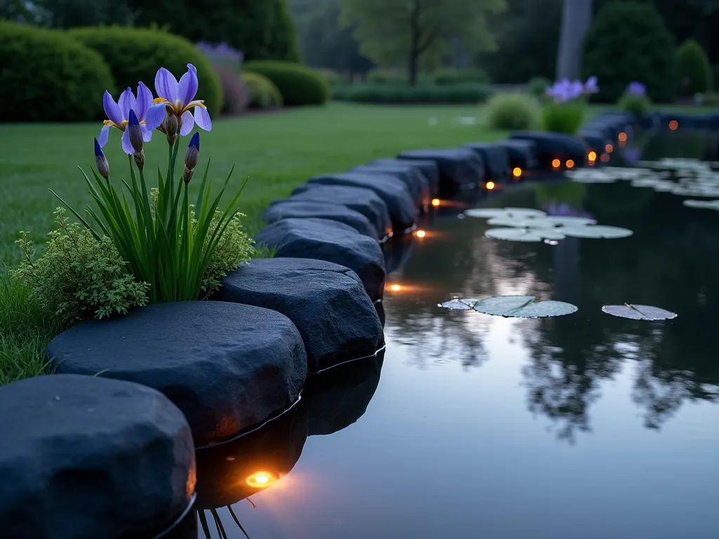 Tranquil Black Rock Pond Edge at Dusk - A serene garden pond at dusk, photographed at f/2.8 with a 16-35mm wide-angle lens. Smooth black basalt rocks of varying sizes (6-24 inches) line the pond's edge in a naturalistic arrangement, creating an elegant transition from water to land. Japanese iris and water lilies emerge from the crystal-clear water, while low-growing creeping thyme spreads between the rocks. Subtle underwater LED lights illuminate the pond's edge, casting a warm glow on the glossy black rocks and creating mesmerizing reflections on the water's surface. The composition captures the entire pond edge with the surrounding landscape softly blurred in the background, showcasing the dramatic interplay between light, water, and dark stone.