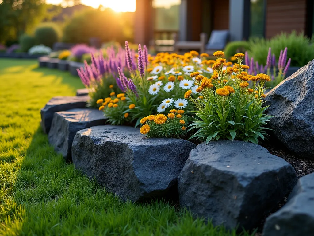 Dramatic Volcanic Rock Garden Border at Sunset - A professional landscape photograph of a curved garden border created with large, irregular volcanic black rocks, shot during golden hour. The jagged, porous rocks create a dramatic edge against a well-manicured lawn. Vibrant purple salvia, yellow coreopsis, and white echinacea burst from between the rocks, creating stunning color contrasts against the deep black stones. Soft sunset light casts long shadows and highlights the unique texture of the volcanic rocks. Shot with a wide-angle lens at f/2.8, capturing both the intricate detail of the rocks and the broader garden landscape, with a modern contemporary home partially visible in the background. The border curves elegantly through the frame, leading the eye through the composition.