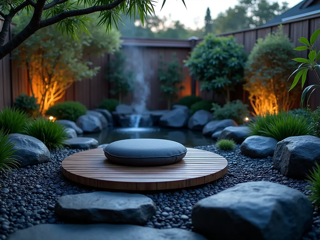 Zen-Inspired Black Rock Meditation Garden - A serene backyard meditation space at dusk, photographed with a wide-angle lens capturing the intimate atmosphere. A circular arrangement of polished black rocks surrounds a floating wooden platform with a minimalist meditation cushion. Soft landscape lighting illuminates the smooth black rocks, creating gentle shadows. Japanese forest grass and dwarf bamboo provide subtle green accents between the rocks. A small water feature trickles quietly in the background, with steam rising from its surface. Natural stone steps lead to the meditation platform, lined with black Mexican beach pebbles. The scene is framed by a single weeping cherry tree, its branches gracefully extending over the space. Shot with atmospheric lighting that highlights the texture of the rocks and creates a mystical ambiance.