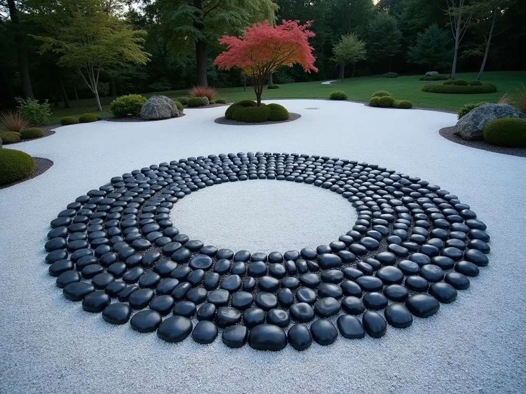 Zen Circle Black Rock Garden - A serene Japanese-inspired garden setting at dusk featuring a perfect circle of polished black rocks (3-6 inches in diameter) meticulously arranged on a bed of pristine white raked gravel, photographed from a 45-degree elevated angle. The circular pattern spans 8 feet in diameter, with concentric ripples in the gravel radiating outward. Soft, warm lighting casts gentle shadows across the textured surface, highlighting the rocks' glossy finish. Minimal moss gardens and small clumps of ornamental grasses frame the corners, while a single Japanese maple provides a subtle backdrop. The composition emphasizes negative space and geometric harmony, captured with crystal-clear detail using natural lighting that accentuates the contrast between the black rocks and light gravel, f/8, ISO 100, professional DSLR wide-angle shot.