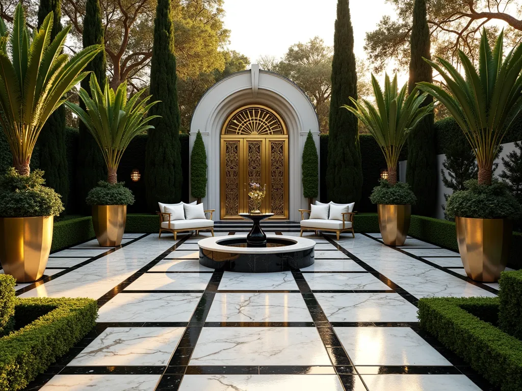 Luxurious Art Deco Garden Terrace - A stunning Art Deco garden featuring a symmetrical layout with geometric patterns in black and gold. Elegant marble stepping stones form zigzag patterns leading to a central circular fountain. Metallic gold planters with tall palm trees and dramatic cypresses line the paths. White and silver garden furniture with clean lines and geometric motifs sits on a black and white checkered tile patio. Statement lighting fixtures with angular designs cast dramatic shadows. Manicured boxwood hedges create bold geometric shapes, while bird of paradise plants add tropical flair. The scene is set during golden hour, creating dramatic lighting and long shadows that emphasize the architectural elements. Ornate metal screens with fan patterns serve as garden dividers.