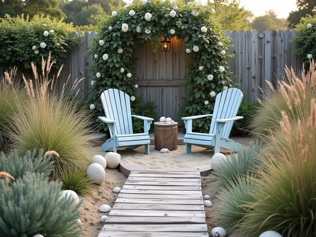 Serene Coastal Garden Retreat - A dreamy coastal garden landscape with weathered wooden boardwalks winding through tall swaying beach grasses and sea oats. Sandy pathways decorated with white seashells lead to a cozy seating area featuring distressed blue-gray Adirondack chairs. Coastal succulents and ornamental grasses border the paths, while maritime elements like a vintage ship's wheel and rope accents add authentic nautical charm. A driftwood arch covered in climbing roses frames the scene, with soft lighting creating a warm, beachy atmosphere. Muted coastal colors of sage, sand, and sea blue dominate the palette.