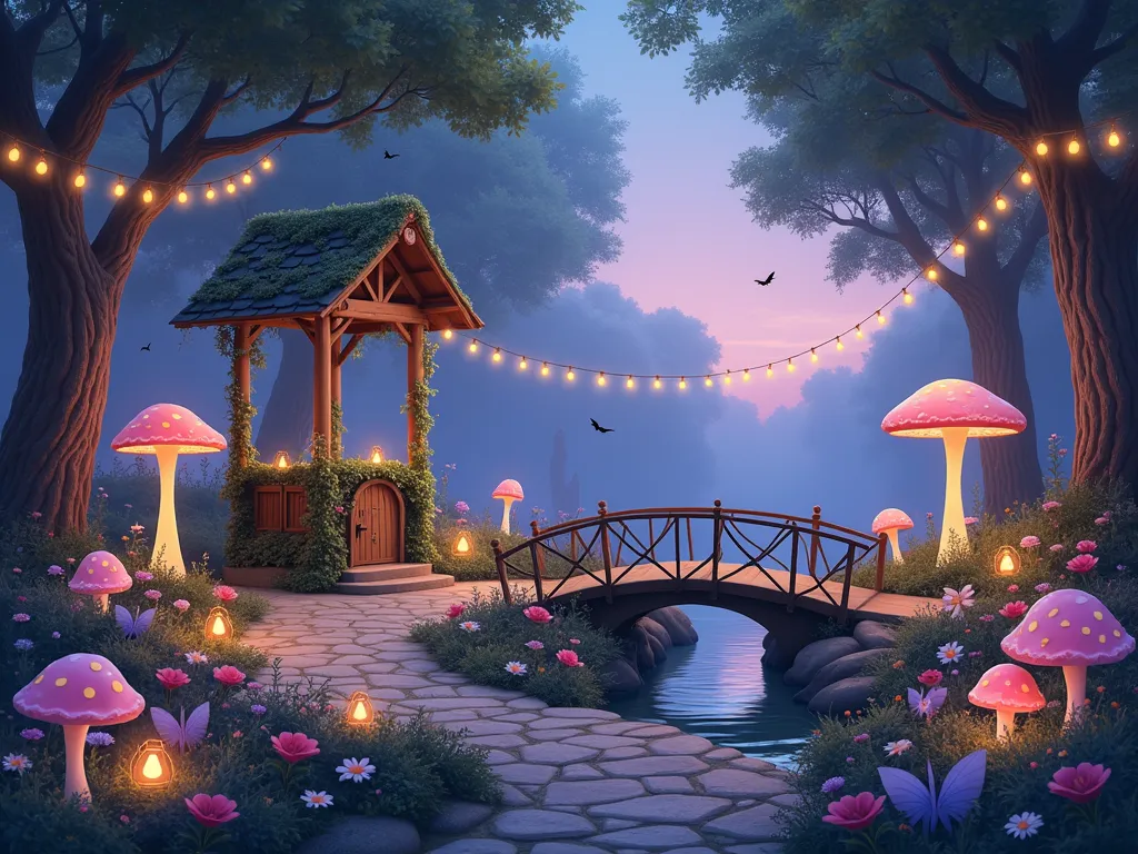 Enchanted Fairy Garden Paradise - A dreamy, magical garden scene at twilight with soft glowing fairy lights strung between towering flowering trees. A whimsical stone pathway leads to an ornate wishing well covered in climbing roses and ivy. Giant luminescent mushrooms in pastel colors serve as seating areas, surrounding by beds of glowing orbs and wildflowers. A delicate wooden bridge with intricate railings crosses a small stream, illuminated by floating lanterns. Tiny doors are nestled at the base of trees, with twinkling lights peeking through windows. The scene is bathed in a ethereal purple and blue twilight glow, with fireflies dancing through the air. Artistic, digital painting style with fantasy elements and magical atmosphere.