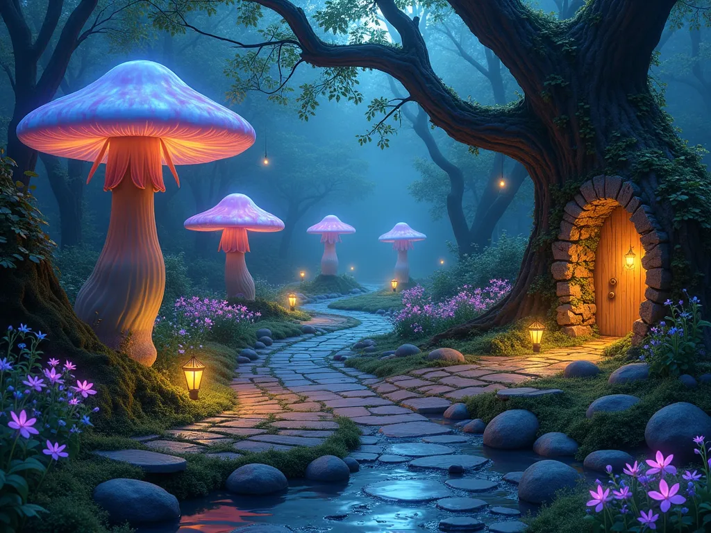 Mystical Woodland Garden Path - A whimsical garden path winding through an enchanted forest setting, illuminated by giant glowing mushrooms in soft blues and purples. Ancient stone archways covered in climbing vines frame the path, while tiny fairy doors nestled in tree trunks emit a warm golden light. A small crystalline stream meanders alongside the path, with floating magical orbs casting ethereal reflections on the water. Delicate fairy lights twinkle among the branches of twisted old trees, creating a magical atmosphere. Bioluminescent flowers and mossy stones line the edges of the path, bathed in a dreamy, misty twilight glow.