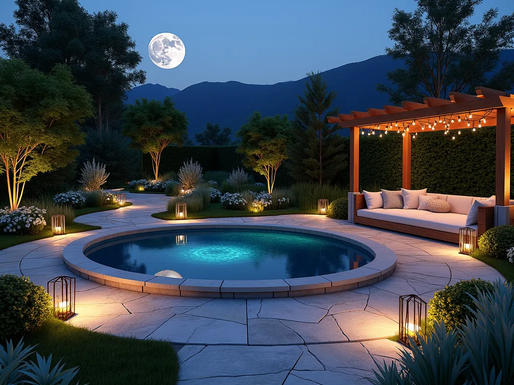 Enchanted Night Garden Sanctuary - A serene garden at twilight with winding illuminated stone pathways lined with soft blue LED ground lights. A circular reflection pool in the center mirrors the moon and stars above, surrounded by white evening primrose and night-blooming jasmine. Modern copper lanterns cast warm ambient light through the space. A cozy curved pergola seating area features plush outdoor furniture with soft throw pillows, draped with delicate string lights. Japanese forest grass and silver-leafed plants shimmer in the moonlight. Ornamental grasses sway gently in the evening breeze. Photorealistic, atmospheric lighting, magical ambiance, architectural visualization style.