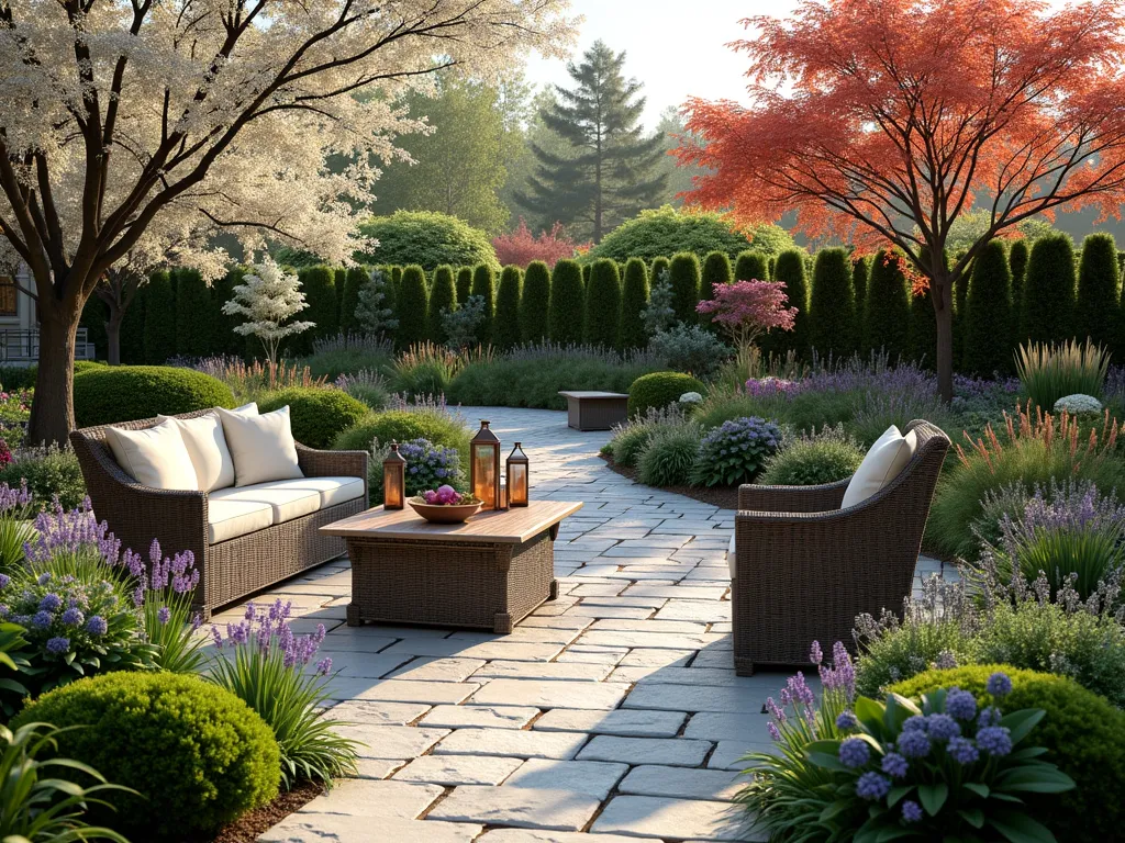 Four-Season Garden Paradise - A stunning photorealistic garden landscape featuring four distinct garden zones seamlessly blending together. In the foreground, a cozy stone patio with elegant all-weather wicker furniture and copper lanterns. To the left, early spring bulbs like tulips and daffodils emerge beneath flowering cherry trees. The center showcases vibrant summer perennials including lavender, roses, and hydrangeas in full bloom. The right side transitions to autumn with Japanese maples displaying rich red foliage and ornamental grasses. The background features evergreen topiaries, illuminated ornamental trellises, and winter berries, creating year-round visual interest. Soft atmospheric lighting and a natural stone pathway connecting all seasons, 8k resolution, architectural photography style