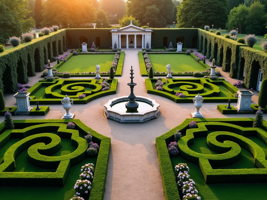 Elegant Historic Manor Garden with Classical Features - A stunning aerial view of a symmetrical formal garden at dusk, featuring precisely manicured boxwood hedges forming intricate geometric patterns. A grand limestone fountain serves as the centerpiece, surrounded by perfectly trimmed topiaries in spiral shapes. Gravel pathways lined with blooming lavender lead to ornate classical marble statues. The garden includes meticulously maintained emerald lawns, formal rose gardens with white and pink blooms, and ornamental urns overflowing with cascading flowers. A classical colonnade covered in climbing wisteria frames the garden, while trimmed yew trees create elegant vertical elements. The scene is bathed in warm, golden evening light, creating long shadows that emphasize the garden's geometric design.