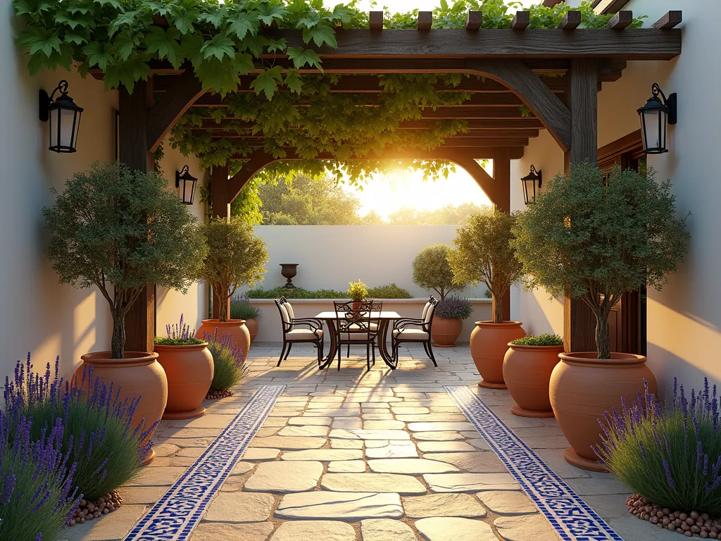 Luxurious Mediterranean Garden Terrace - A serene Mediterranean garden terrace bathed in golden sunlight, featuring a elegant stone pathway leading to a weathered wooden pergola draped with lush grapevines. Large terracotta pots filled with olive trees line the path, while flowing borders of purple lavender create a fragrant boundary. A wrought iron dining set sits beneath the pergola, surrounded by intricate blue and white Mediterranean tiles. The scene is captured during magic hour, with warm sunlight filtering through the grape leaves, creating dappled shadows on the natural stone flooring. Architectural elements include whitewashed walls, wrought iron lanterns, and classic Mediterranean urns, photorealistic style, 4k quality