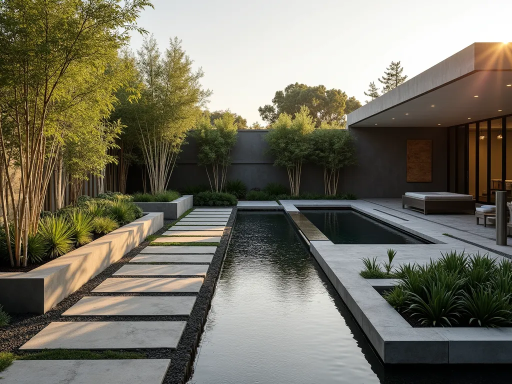 Modern Geometric Garden with Reflective Pool - A stunning modern garden design featuring angular concrete raised planters in varying heights arranged in geometric patterns. Minimalist ornamental grasses and bamboo create structured vertical elements. A sleek rectangular reflecting pool with a brushed steel water wall serves as a focal point. Clean-lined charcoal grey stone pathways intersect at precise angles, creating a dynamic flow. The space is accented with architectural succulents and carefully placed lighting. Shot during golden hour with dramatic shadows casting geometric patterns, photorealistic, high-end architectural photography style.