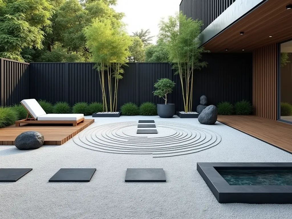 Modern Minimalist Zen Garden Retreat - A serene modern zen garden viewed from a low angle, featuring clean geometric lines and carefully raked white gravel patterns creating concentric circles. Sleek charcoal-colored stepping stones lead to a contemporary wooden meditation deck. Strategically placed black river rocks of varying sizes create focal points. Elegant bamboo stalks rise along a modern black fence, while meticulously pruned bonsai trees add organic beauty. A minimalist rectangular water feature with smooth slate edges creates gentle ripples. Modern lounge furniture in light gray tones complements the space. Soft morning light casts gentle shadows across the perfectly maintained gravel patterns, hyper-realistic rendering, architectural photography style.