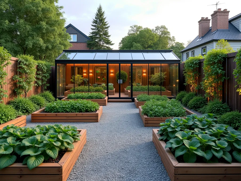 Modern Urban Vegetable Garden with Greenhouse - A well-organized modern urban vegetable garden with clean lines and geometric raised wooden beds in a grid pattern, featuring a sleek glass greenhouse as focal point. Vertical trellises with climbing tomatoes and peas line the back wall. Neat gravel paths weave between expertly maintained vegetable plots. Fresh herbs grow in dedicated raised beds near the greenhouse. A small composting station and organized tool shed blend seamlessly into the design. Automated drip irrigation systems visible among thriving plants. Soft evening lighting creates a warm atmosphere. Photorealistic, architectural visualization style.