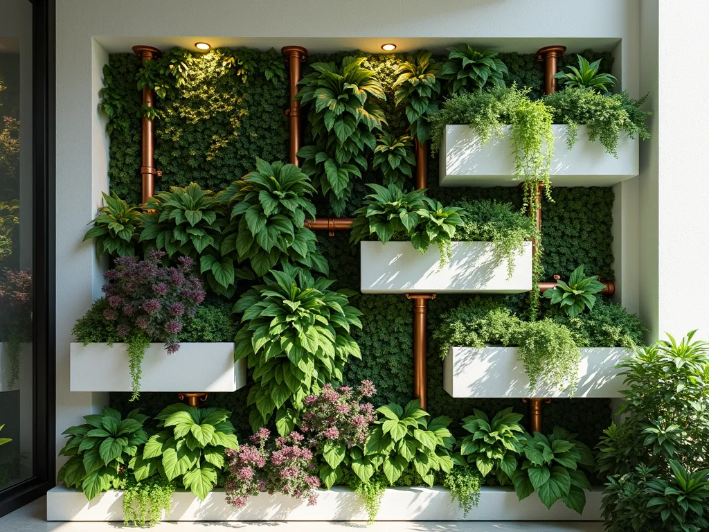 Modern Vertical Garden Wall with Cascading Plants - A stunning architectural vertical garden wall in a modern style, featuring multiple levels of lush greenery. The wall combines white structural blocks with integrated planter boxes, showcasing cascading vines, ferns, and flowering plants in various shades of green. Small LED lights illuminate the foliage, creating depth and shadows. Built-in copper-toned irrigation pipes add industrial charm. The plants include trailing pothos, purple wandering jew, boston ferns, and pink flowering begonias, creating a tapestry of textures and colors. Shot in soft afternoon light with subtle depth of field, photorealistic style.