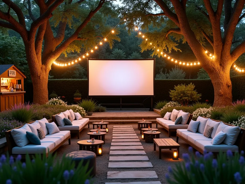 Enchanted Outdoor Cinema Garden - A magical evening garden cinema setup with string lights and lanterns casting a warm glow. Plush outdoor sofas and bean bags arranged in tiered rows face a large white projection screen mounted between two mature oak trees. Climbing jasmine and wisteria frame the scene, while a rustic wooden concession stand adorned with vintage movie posters sits to the side. LED pathway lights illuminate stone steps between seating areas. Small tables hold popcorn and drinks. Hidden speakers blend into lush garden landscaping. The atmosphere is cozy and intimate, with throw blankets and cushions scattered about. Ornamental grasses and lavender provide soft movement in the evening breeze.