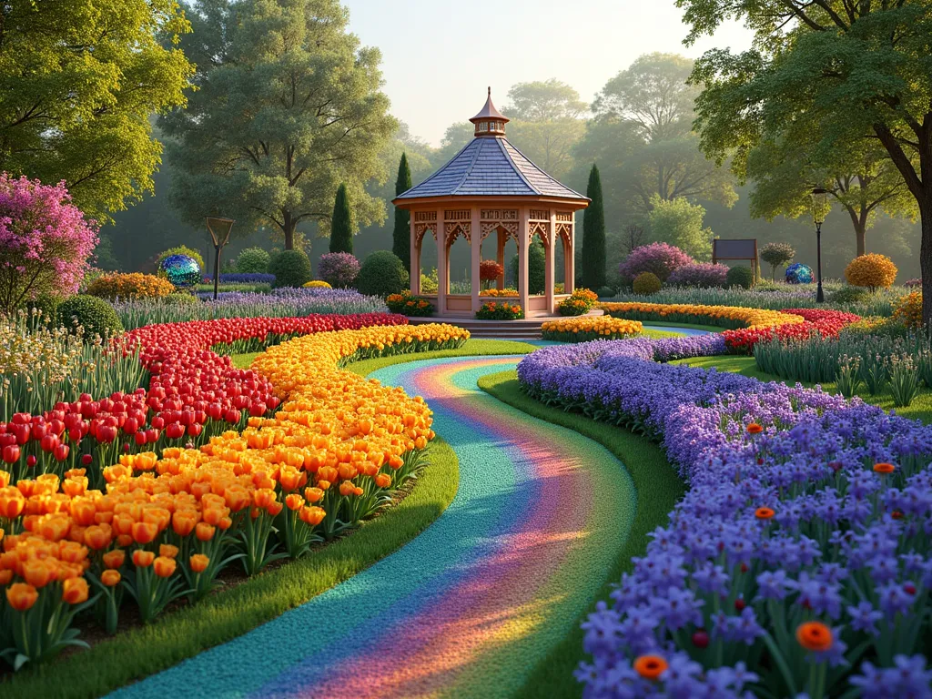 Vibrant Rainbow Garden Paradise - A whimsical garden landscape divided into flowing curved sections, each featuring flowers in rainbow order - red tulips and roses flow into orange marigolds, then yellow daffodils, green ornamental grasses, blue delphiniums, and purple lavender. Colorful garden art includes iridescent glass orbs, painted archways, and metallic wind spinners. A charming rainbow-painted gazebo serves as the centerpiece, surrounded by color-coordinated garden paths and decorative elements. Soft evening lighting creates a magical atmosphere, with the garden photographed in a dreamy, artistic style. Hyperrealistic detail, professional landscaping composition.