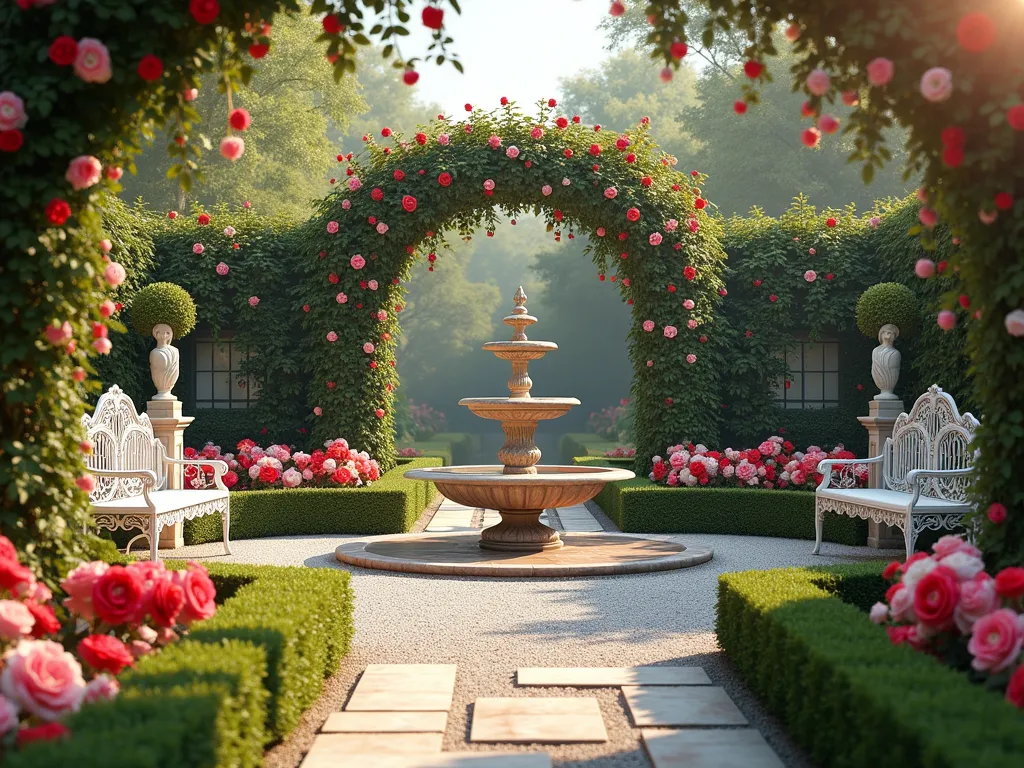 Elegant Victorian Rose Garden with Fountain - A stunning garden rendered in a photorealistic style, featuring a symmetrical Victorian-inspired rose garden. A grand ornate stone fountain serves as the centerpiece, surrounded by blooming red, pink, and white roses. White wrought-iron arches covered in climbing roses create romantic walkways lined with manicured boxwood hedges. An elegant white metal garden bench sits beneath one arch. Classical marble statues are tastefully placed among the flowers. The garden paths are made of light gravel, creating geometric patterns that lead to the fountain. Soft evening lighting casts a romantic glow across the scene, with subtle lens flare effects.