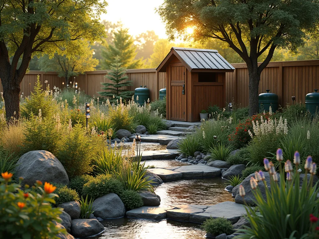 Sustainable Paradise Garden - A serene and sustainable garden design featuring a naturalistic rain garden with native wildflowers and grasses surrounding a gentle stream. Solar-powered lanterns illuminate stone pathways made from recycled materials. A rustic wooden compost bin nestles among butterfly-attracting plants. Bird houses and feeding stations are integrated throughout. The scene is captured during golden hour, with soft sunlight filtering through native trees, creating a warm, enchanting atmosphere. In the foreground, drought-resistant plants and rain barrels showcase water conservation methods.