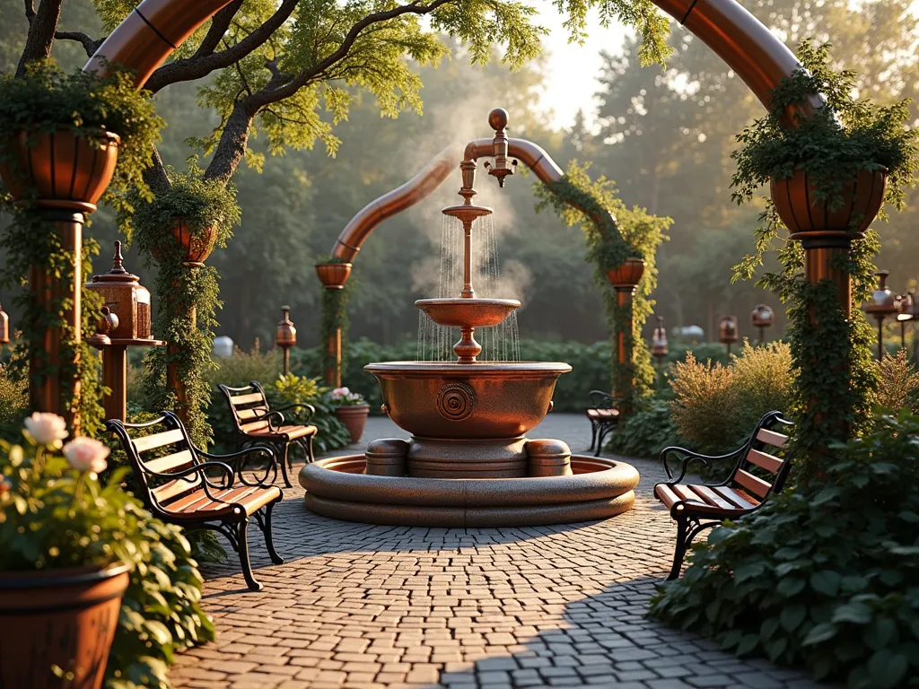 Victorian Steampunk Garden Paradise - A whimsical garden featuring ornate copper pipes and brass gears artfully arranged among Victorian-style plantings, photorealistic, golden hour lighting. Centerpiece features a stunning copper and brass fountain with mechanical elements and steam vents, surrounded by wrought iron benches. Vintage industrial machinery repurposed as planters, featuring climbing roses and ivy. Metallic bronze and copper archways with intricate gear patterns cast dramatic shadows across cobblestone paths. Steam wisps create a magical atmosphere, cinematic lighting, detailed textures, architectural visualization, 8k resolution