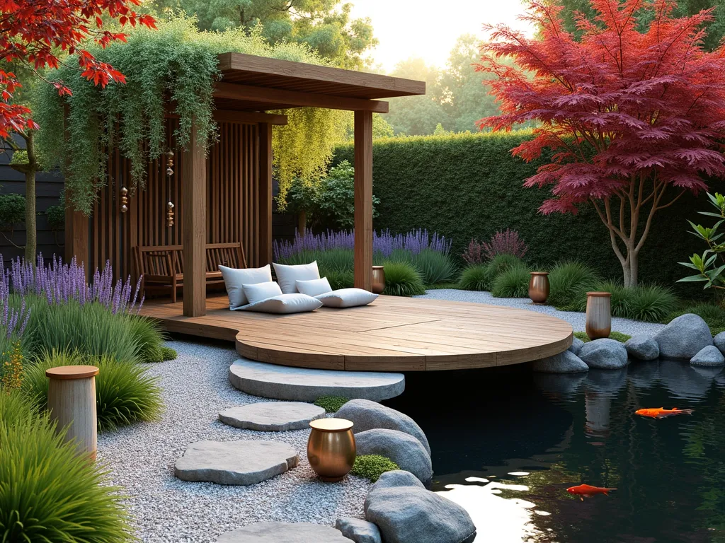 Zen Meditation Garden Sanctuary - A serene Japanese-inspired meditation garden with a curved wooden deck floating over a tranquil koi pond. Stone lanterns line a winding gravel path bordered by flowing ornamental grasses and purple lavender. A modern wooden pergola draped with wisteria provides shade over plush meditation cushions. Delicate copper wind chimes hang from bamboo stems, while Japanese maples add splashes of deep red foliage. Natural stone steps lead through beds of moss and white pebbles. The scene is captured during golden hour, with soft light filtering through the foliage, creating a peaceful atmosphere perfect for mindfulness and reflection.