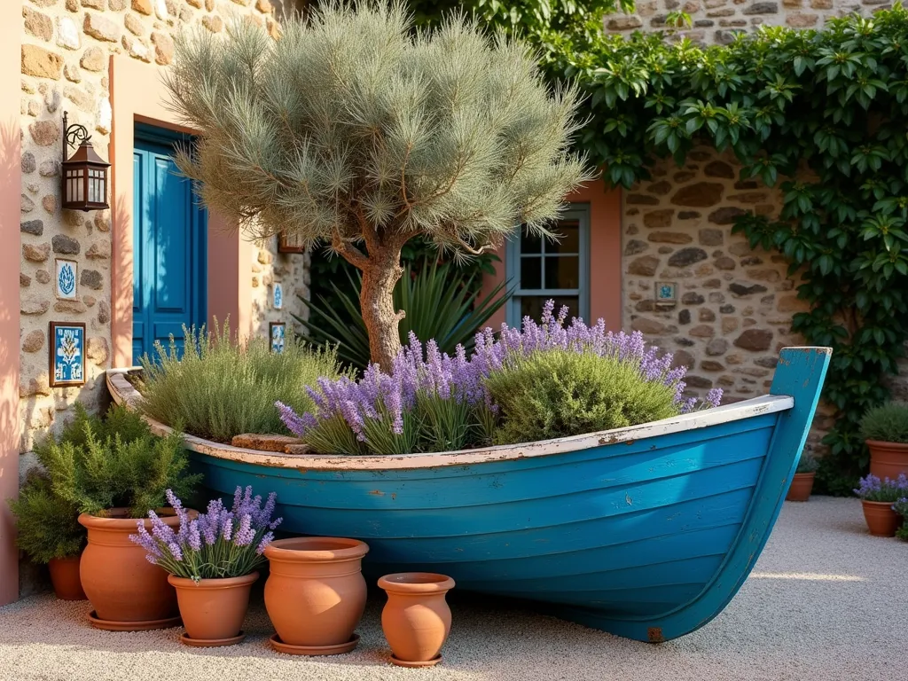 Mediterranean Boat Garden at Sunset - A weathered wooden boat painted in vibrant azure blue and crisp white, nestled in a sunlit garden corner. The boat overflows with cascading Mediterranean plants, including tall silvery-green olive trees, fragrant purple lavender bushes, and trailing rosemary. Hand-painted terracotta pots arranged around the boat display colorful bougainvillea. Traditional Mediterranean decorative elements include blue and white ceramic tiles, copper lanterns, and mosaic accents. Captured during golden hour, with warm sunset light casting long shadows across the garden, highlighting the boat's rustic charm. Wide-angle perspective showing surrounding gravel pathway and stone wall backdrop covered in climbing vines.