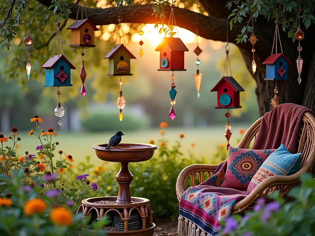 Whimsical Bohemian Bird Haven at Sunset - A DSLR wide-angle shot of a magical bohemian garden bird sanctuary at golden hour. Multiple handcrafted, colorfully painted wooden birdhouses in jewel tones hang from a mature oak tree's branches. Crystal suncatchers and copper wind chimes sparkle in the warm evening light, creating rainbow prisms. A copper bird bath surrounded by blooming coneflowers, salvias, and black-eyed susans attracts small songbirds. A vintage rattan peacock chair with colorful kilim cushions sits beneath the tree, draped with a handwoven macramé throw. Wooden bird feeding stations decorated with intricate mandala patterns contain various seeds. The scene is captured with perfect depth of field, showing both the detailed textures of the bohemian elements and the soft, dreamy background of the garden. Natural lighting creates a warm, ethereal atmosphere while highlighting the eclectic mix of bohemian decorations and natural elements.