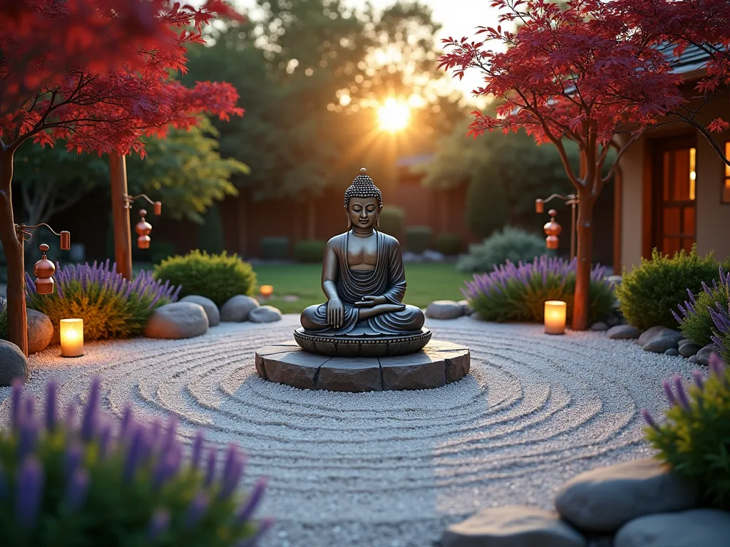 Serene Bohemian Buddha Garden at Dusk - A peaceful backyard Zen garden at dusk, photographed with a wide-angle lens capturing the entire spiritual space. A large weathered copper Buddha statue sits centrally on a raised stone platform, surrounded by precisely raked white gravel patterns creating concentric circles. Colorful Tibetan prayer flags flutter gently between wooden posts, casting soft shadows. Multiple copper wind spinners catch the golden hour light, creating dancing reflections. A small copper bowl fountain provides gentle water sounds. Clusters of sage plants with purple blooms border the garden, releasing their aromatic scent. Warm LED lanterns illuminate the space, creating a magical atmosphere as the sun sets. Japanese maple trees frame the scene with their deep red foliage. Shot with shallow depth of field to create a dreamy, ethereal quality.