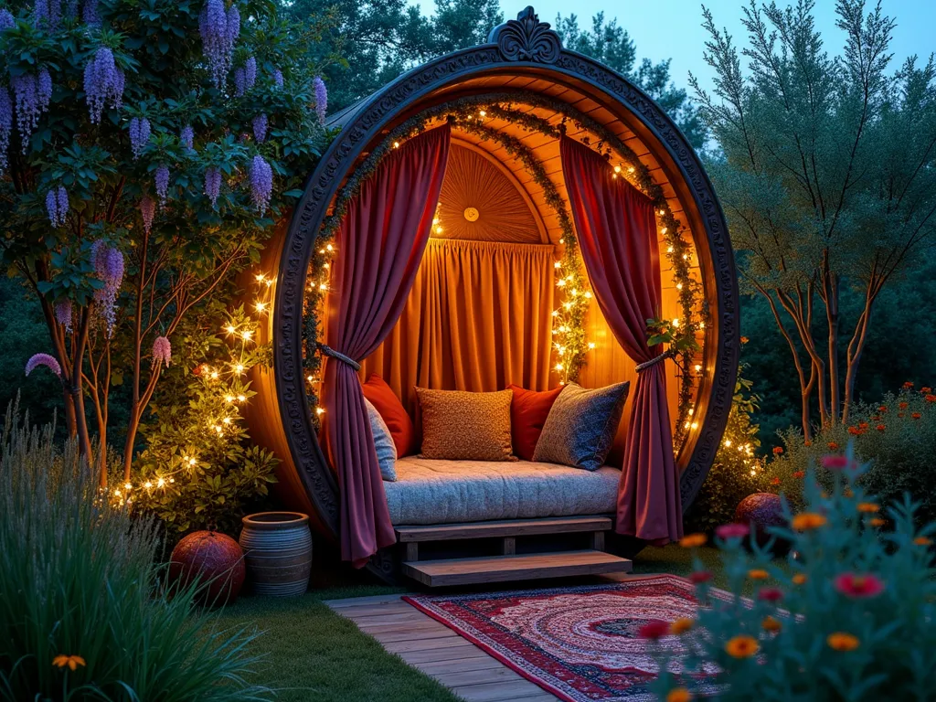 Enchanted Bohemian Garden Reading Nook - A magical twilight scene of a charming wooden gypsy caravan reading nook in a lush garden setting, photographed with a 16-35mm lens at f/2.8, ISO 400. The intimate wooden structure features ornate hand-carved details and a curved roof, draped with flowing mauve and turquoise silk curtains that gently billow in the breeze. Warm, golden string lights create a magical ambiance, weaving through the surrounding jasmine and wisteria vines that gracefully climb the structure. Inside, visible through the open entrance, plush jewel-toned floor pillows and vintage Moroccan rugs create an inviting reading space. The caravan is nestled within a secret garden atmosphere, surrounded by tall ornamental grasses, blooming cosmos flowers, and potted Mediterranean herbs. The scene is captured during the blue hour, with the warm glow of the string lights contrasting beautifully against the deepening twilight sky.