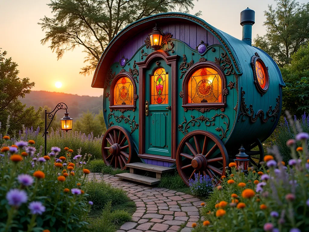 Bohemian Gypsy Wagon Garden Shed - A magical sunset scene captured with a 16-35mm lens, f/2.8, ISO 400, featuring a whimsical converted garden shed designed as a vibrant gypsy wagon. The shed features ornate hand-painted details in jewel tones of deep purple, emerald green, and royal blue, with gold accents. Decorative wooden wheels with intricate carvings adorn the sides, while stained glass windows in amber and sapphire cast colorful shadows. A curved roof with decorative trim and small chimney completes the wagon aesthetic. The structure is surrounded by a wild and romantic cottage garden, with spiraling paths of fragrant herbs including lavender, sage, and thyme. Meadow-like drifts of wildflowers such as cosmos, echinacea, and black-eyed susans create a dreamy, natural setting. Vintage lanterns hang from shepherd's hooks, their warm light beginning to glow in the golden hour light.