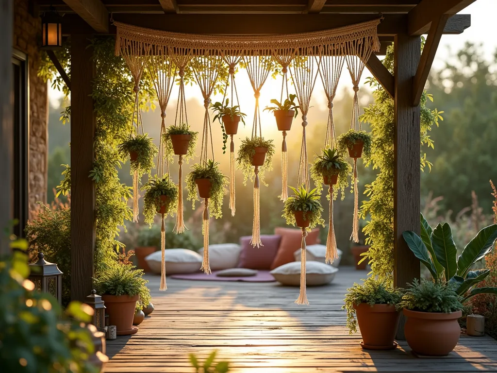 Bohemian Macramé Plant Curtain Privacy Screen - A stunning outdoor patio scene at golden hour, featuring an elaborate macramé plant curtain hanging between two rustic wooden posts. The curtain spans 8 feet wide and features intricate cream-colored macramé hangers arranged in a cascading pattern. Multiple terracotta and handwoven plant pots are suspended at varying heights, filled with lush trailing pothos, delicate string of pearls, and wispy air plants creating a living privacy screen. Soft sunlight filters through the foliage, casting intricate shadows on the weathered wooden deck below. The background shows glimpses of a bohemian garden with scattered floor cushions, lanterns, and wildflowers. Shot from a three-quarter angle to showcase both the curtain's dimension and the cozy space it creates, with some closeup details of the macramé knots and trailing vines visible in the foreground. Photorealistic, high detail, magical atmosphere.