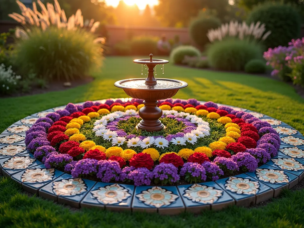 Bohemian Mandala Garden with Sunrise Glow - A stunning circular mandala flower bed photographed during golden hour sunrise, captured with a wide-angle perspective. The garden features concentric circles of vibrant flowers arranged in a sacred geometry pattern - purple salvias, white daisies, red zinnias, and yellow marigolds creating a living mandala. At the center stands a copper solar fountain with intricate patterns. The border is adorned with hand-painted mosaic stones in blues and golds, catching the morning light. Morning dew glistens on the flowers while ornamental grasses sway gently in the background. The composition is shot from a slightly elevated angle to showcase the complete mandala pattern, with soft bokeh effects on the garden edges. High-end DSLR photo with perfect exposure and rich color saturation, f/8, ISO 100, morning golden hour lighting.