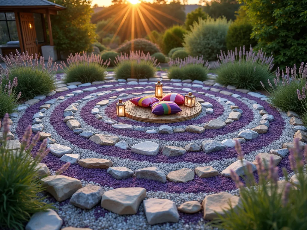 Bohemian Stone Meditation Labyrinth with Crystal Garden - A serene garden meditation labyrinth photographed during golden hour, featuring concentric circular paths made of smooth multicolored river stones and crushed amethyst. The winding pathways are bordered by blooming lavender and white sage plants, creating a soft purple and silver contrast. At each turning point, large clear quartz crystal points catch the warm evening light. The center features a cozy bamboo meditation platform with colorful bohemian floor cushions and weathered copper lanterns. Low-growing creeping thyme and chamomile flowers sprout between the stones, adding soft texture and fragrance. The entire scene is captured from a slightly elevated angle, showing the complete spiral pattern while maintaining an intimate atmosphere. Fairy lights weave through the surrounding garden, creating a magical ambiance.