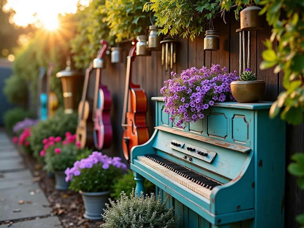 Bohemian Musical Garden Wall at Sunset - A whimsical garden wall at golden hour, featuring vintage painted instruments repurposed as planters. An old upright piano in turquoise blue serves as the centerpiece, its open top filled with cascading purple petunias and silver dichondra. Copper-painted trumpets and violins mounted alongside, overflowing with trailing string of pearls and burro's tail succulents. Colorful brass wind chimes and Tibetan bells hang between the instruments, catching the warm sunset light. Mason jar lights strung across create a magical atmosphere. The wall is partially covered in climbing jasmine, with rainbow-colored acoustic guitars hosting pink trailing lantana and purple wave petunias. Close-up perspective highlighting the textural contrast between weathered instruments and lush plants, with soft bokeh lighting effects, photorealistic, high-end garden photography