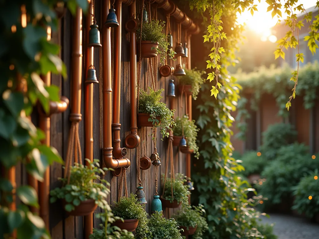 Bohemian Musical Wind Chime Garden Wall - A magical golden hour photograph of a bohemian garden wall adorned with an intricate arrangement of wind chimes, captured with a DSLR camera at f/8. The wall features a mesmerizing collection of copper pipes, bamboo chimes, and ceramic bells in various sizes, creating a natural musical symphony. Delicate hanging plants like string of pearls and pothos cascade between the chimes, while cobalt blue, amber, and emerald glass bottles catch the warm evening light. The composition includes macramé plant hangers and weathered copper wind catchers that add depth and texture. Shot from a medium angle to showcase the full artistic arrangement, with soft natural backlighting highlighting the ethereal quality of the space and creating a dreamy atmosphere. The background reveals glimpses of a lush garden setting with climbing vines and fairy lights.