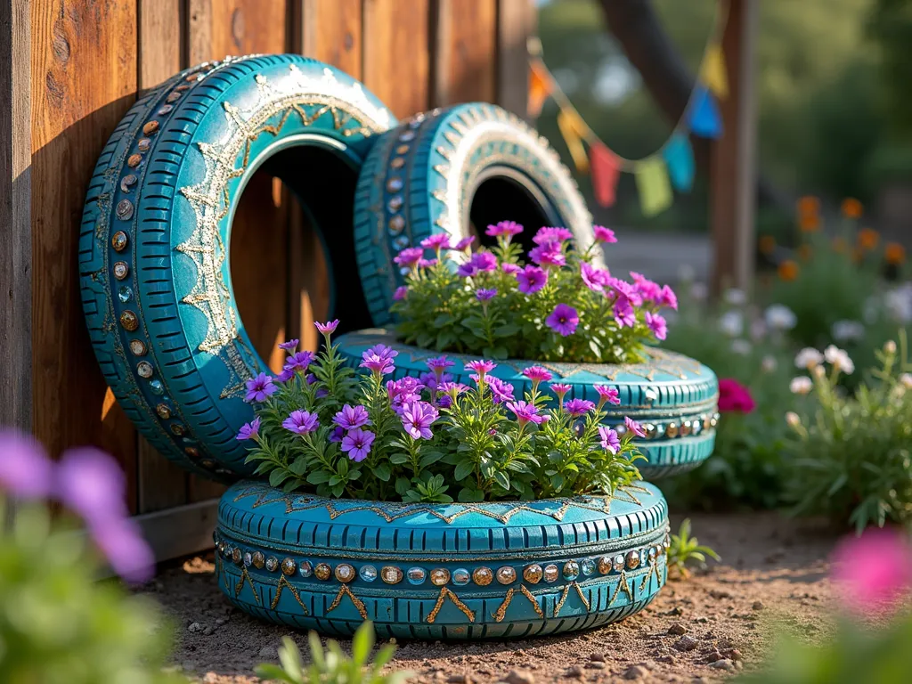 Bohemian Tire Planters Garden Display - Close-up shot of artistically painted tire planters in a sunny garden corner, featuring intricate mandala patterns in vibrant turquoise, purple, and gold paint. Three tires are stacked in a cascading arrangement against a rustic wooden fence. The tires overflow with purple trailing lobelia, pink wave petunias, and cascading herbs like creeping thyme and rosemary. Small circular mirror mosaic pieces are embedded in the tire designs, catching the late afternoon sunlight and creating magical light reflections. The surrounding garden space includes scattered bohemian elements like colorful prayer flags and ceramic wind chimes, with soft natural lighting creating a dreamy atmosphere. Photorealistic, highly detailed, magical garden atmosphere.