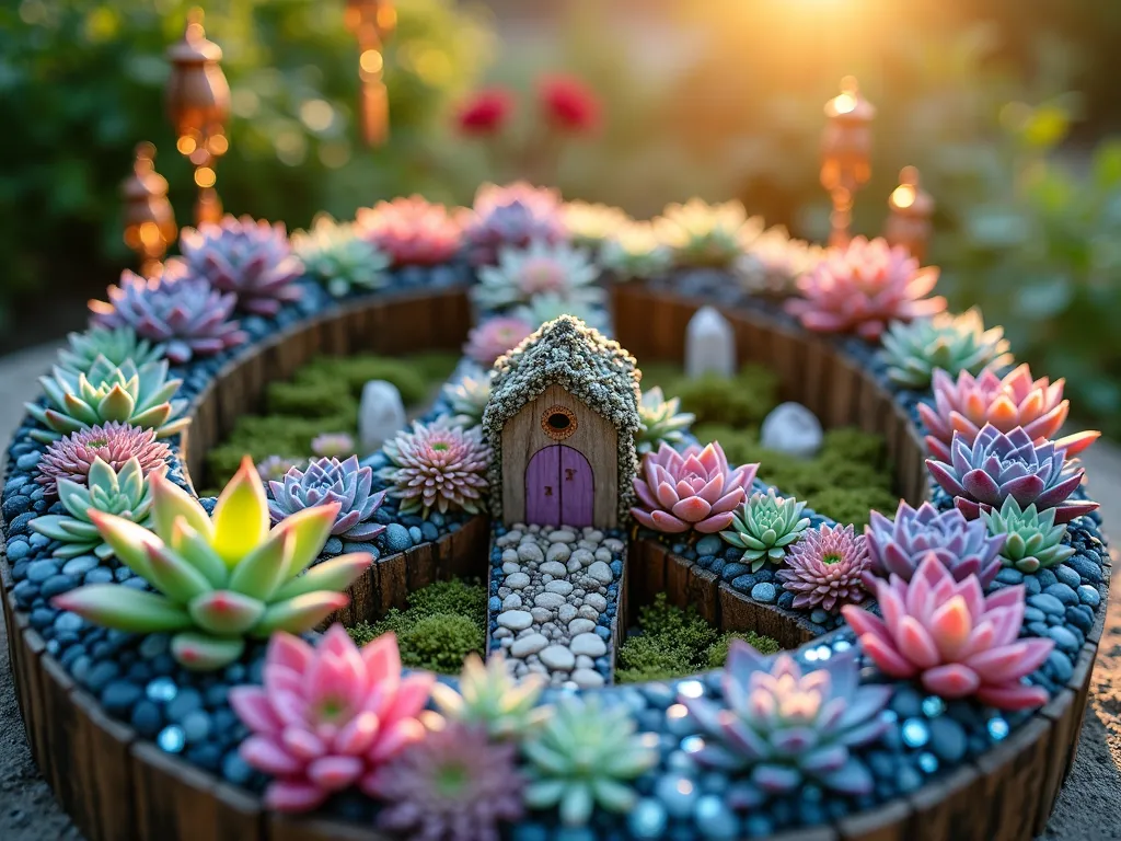 Bohemian Peace Sign Succulent Garden - Close-up photographic shot of a large peace sign garden arrangement, artfully designed with a vibrant collection of succulents including Echeveria, Sedum, and Sempervivum in shades of blue, pink, purple, and green. The peace sign border is defined by iridescent blue and purple glass beads catching the golden hour sunlight. Tiny whimsical fairy houses crafted from natural materials nestle between the succulents, connected by miniature pebble pathways. Small crystalline formations and copper wind chimes add mystical bohemian touches. Shot during sunset with warm lighting casting long shadows across the textured succulent landscape. Captured with a 16-35mm lens at f/2.8, ISO 400, creating a dreamy depth of field.