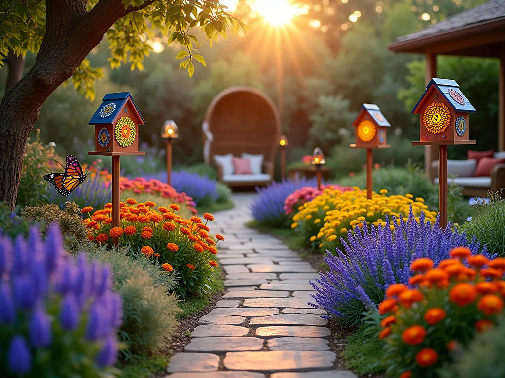 Bohemian Rainbow Butterfly Garden at Sunset - A magical backyard butterfly garden at golden hour, shot with a wide-angle lens capturing a winding pathway through vibrant flower beds arranged in rainbow color gradients. In the foreground, deep purple salvias and lavender blend into blue delphiniums, transitioning to yellow marigolds and orange lantanas, finally ending with red zinnias. Handcrafted wooden butterfly houses adorned with colorful mandalas and bohemian patterns are mounted on copper poles throughout the garden. Crystal prisms hang from nearby tree branches, casting rainbow reflections across the space. Solar-powered butterfly stake lights begin to glow as the sun sets, creating a dreamy atmosphere. Several Monarch and Swallowtail butterflies flutter between the flowers. The scene is captured with soft, warm lighting, showing the interplay between natural sunlight and the beginning illumination of the garden lights. A comfortable bohemian reading nook with floor cushions and macramé hangings is visible in the background, completing the free-spirited sanctuary feel. Shot at f/8 with natural lighting to ensure both foreground flowers and background details are crisp and clear.