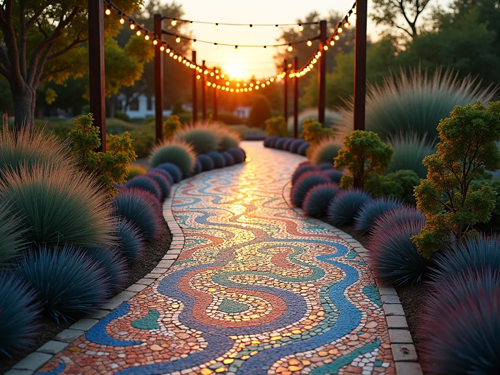 Bohemian Rainbow Mosaic Garden Path at Sunset - A stunning garden pathway photographed at golden hour, shot at f/2.8 with a 16-35mm wide-angle lens. The winding path features an intricate mosaic pattern made from vibrant broken tiles, pottery, and sea glass in swirling rainbow colors. The mosaic pieces form flowing mandala patterns that catch the warm sunset light. The path is bordered by clusters of purple and green echeveria succulents, Mexican feather grass, and blue fescue that sway gently in the evening breeze. String lights hang overhead between wooden posts, creating a magical atmosphere. The perspective is from a low angle, showcasing the detailed mosaic work in the foreground while following the curve of the path as it meanders through the garden, creating leading lines toward the setting sun.