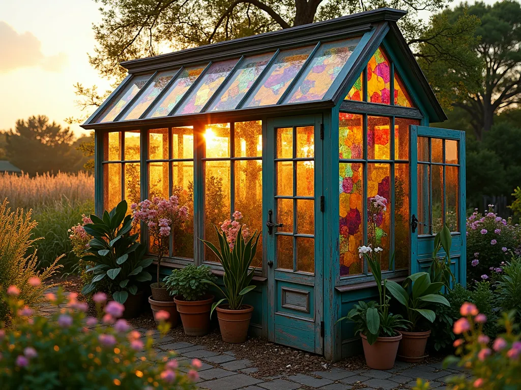 Whimsical Rainbow Window Greenhouse - A magical small greenhouse crafted from reclaimed vintage windows and doors, photographed at golden hour. The window frames are painted in vibrant bohemian colors - turquoise, magenta, and marigold. Stained glass panels in jewel tones create a kaleidoscope effect, while hanging crystals cast dancing rainbow reflections throughout. Inside, lush exotic plants like orchids, monstera, and trailing vines spill from weathered terracotta pots. Sunlight streams through the colorful windows, creating a dreamy, ethereal atmosphere. The greenhouse is nestled in a wild cottage garden with wildflowers and tall grasses swaying in the background. Shot from a three-quarter angle to showcase both the architectural details and the enchanting interior.