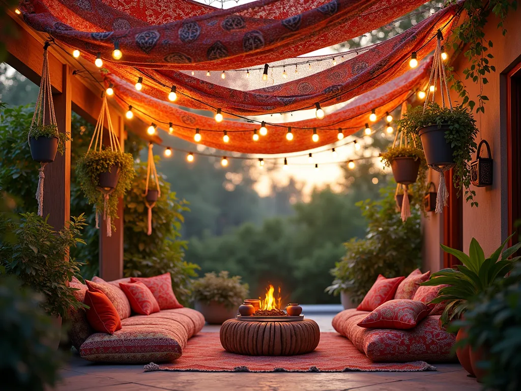 Bohemian Tapestry Garden Ceiling at Dusk - A magical outdoor patio space at dusk, photographed in wide angle, showing colorful weatherproof Moroccan and mandala-patterned tapestries draped overhead creating a canopy ceiling. Warm golden solar string lights intertwine through the fabric, casting intricate shadow patterns below. Multiple macramé plant hangers suspend potted trailing plants like String of Pearls and Pothos. Crystal and brass wind chimes and dream catchers dangle at varying heights, catching the evening light. Comfortable floor cushions and low tables beneath create an intimate seating area. The scene is captured with a shallow depth of field, emphasizing the ethereal, dreamy atmosphere as the last rays of sunlight filter through the fabric layers. Photorealistic, high detail, warm ambient lighting.