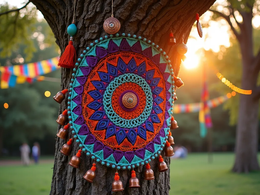 Bohemian Tree Art Installation - A close-up DSLR photo of a majestic oak tree trunk wrapped in vibrant textiles during golden hour, featuring intricate patterns of purple, orange, and turquoise yarn weaving. Dangling copper bells and vintage mirrors catch the warm sunlight, while colorful glass beads are woven throughout the design. The textile art extends 6 feet up the trunk, creating a mesmerizing mandala pattern against the tree's natural bark. The background shows a dreamy, bokeh-filtered garden space with string lights and flowing prayer flags between trees. Shot with a wide-angle lens at f/8, capturing rich details and texture in the fiber art installation.