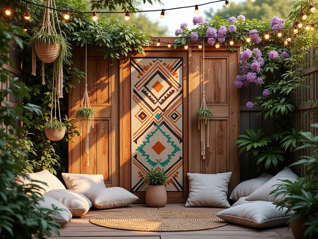 Bohemian Tribal Garden Privacy Screen at Sunset - A stunning photorealistic wide-angle view of a garden privacy screen featuring intricately painted geometric tribal patterns in earthy terracotta, turquoise, and white on weathered wood panels. The late afternoon sun casts dramatic shadows through climbing jasmine and purple clematis vines that weave naturally through the screen's patterns. Multiple macramé hanging baskets containing cascading air plants and tillandsia are suspended at varying heights. The screen is positioned in a cozy garden corner with plush floor cushions and natural fiber rugs below, while string lights drape overhead. Rich golden hour lighting bathes the scene, creating a magical atmosphere in this bohemian outdoor sanctuary.