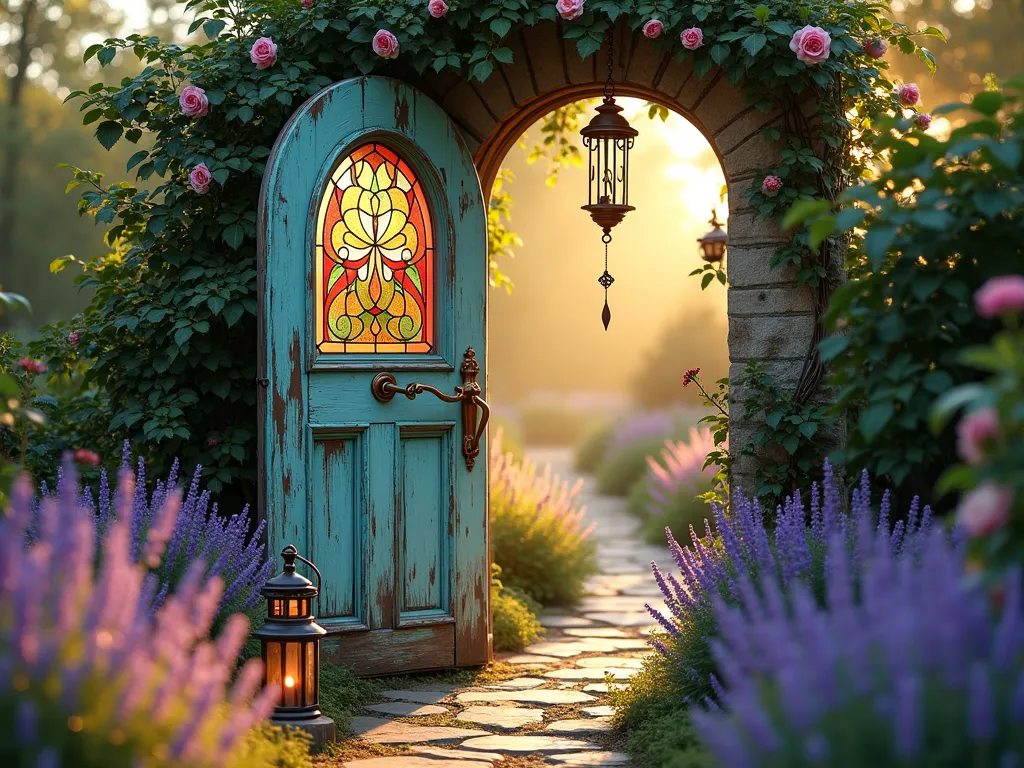 Enchanted Bohemian Garden Gate at Dawn - A magical garden scene at dawn featuring a weathered vintage door repurposed as a garden gate, its turquoise and copper paint artistically chipped to reveal aged wood beneath. The door features ornate brass hardware and a dreamy stained glass window insert casting colorful morning light. Climbing roses in soft pink and purple morning glories intertwine around the door frame, creating a living archway. Delicate copper wind chimes hang from the corner, catching early morning light. The path leading to the gate is lined with wild lavender and vintage lanterns. Shot from a slight angle to capture depth, with golden morning sunlight filtering through the stained glass and creating ethereal patterns on the stone path below. Photorealistic, high detail, mystical atmosphere, soft bokeh, 85mm lens, F2.8