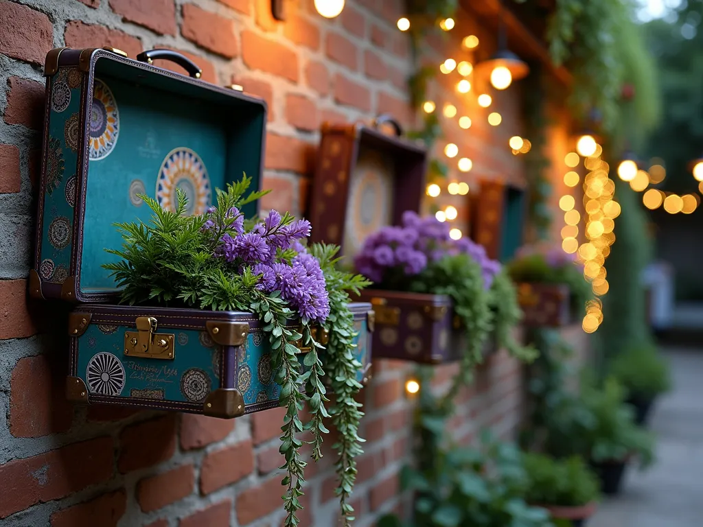 Bohemian Vintage Suitcase Garden Wall - A close-up shot of a rustic outdoor brick wall at dusk, featuring three vintage leather suitcases mounted at different heights. Each suitcase is hand-painted with vibrant mandala patterns and bohemian motifs in turquoise, purple, and gold. Cascading plants spill dramatically from the open suitcases, including purple trailing lobelia, string of pearls, and English ivy. Warm white fairy lights weave between the suitcases, creating a magical glow. Vintage travel stickers from exotic locations adorn the suitcases, while weathered brass hardware adds authentic charm. Shot with soft natural lighting supplemented by the twinkling fairy lights, creating a dreamy, enchanted atmosphere. DSLR photo, f/8, ISO 100, 1/125s, wide-angle lens capturing the entire wall installation while maintaining detail in the bohemian artwork and trailing plants.