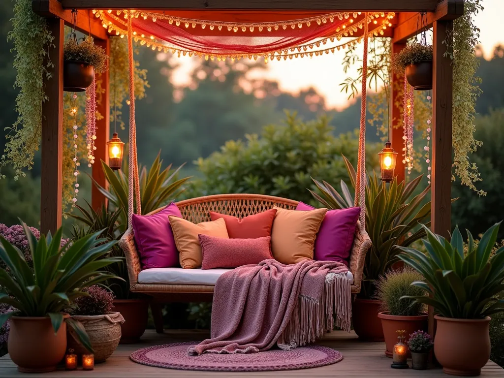 Bohemian Swing Garden Paradise at Dusk - A magical twilight garden scene featuring a handwoven macramé swing chair suspended from a wooden pergola, surrounded by lush potted Kentia palms and Bird of Paradise plants. The swing is adorned with plush magenta and ochre bohemian cushions and a chunky knit throw blanket. Above, sheer fabric streamers in sunset colors of orange, pink, and purple dance in the breeze alongside delicate crystal prisms that catch the last rays of sunlight. Warm fairy lights create a magical canopy overhead, casting a gentle glow on the natural wood deck below. Copper wind chimes tinkle softly nearby, while trailing plants like string of pearls cascade from hanging planters. The scene is captured from a wide angle, showing the cozy corner setting within a larger garden space, with soft bokeh effects from the fairy lights creating a dreamy atmosphere.