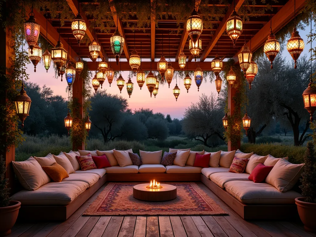 Enchanted Moroccan Lantern Garden at Dusk - A mesmerizing twilight garden scene captured with a wide-angle lens, showing a bohemian-styled wooden pergola draped with dozens of ornate Moroccan lanterns hanging at various heights. The lanterns feature intricate metalwork in copper, brass, and silver finishes, with colored glass in jewel tones of sapphire, amber, and emerald. Soft, warm light emanates from each lantern, casting magical geometric shadows on the weathered wood deck below. Climbing jasmine and wisteria vines intertwine with the lanterns, while plush floor cushions and vintage kilim rugs create intimate seating areas beneath. The background shows mature olive trees and potted Mediterranean herbs, their silhouettes dramatic against the purple-orange dusk sky. The composition is photographed with careful attention to the interplay of natural and artificial light, creating a dreamy, ethereal atmosphere. 8K resolution, photorealistic, magical ambient lighting.