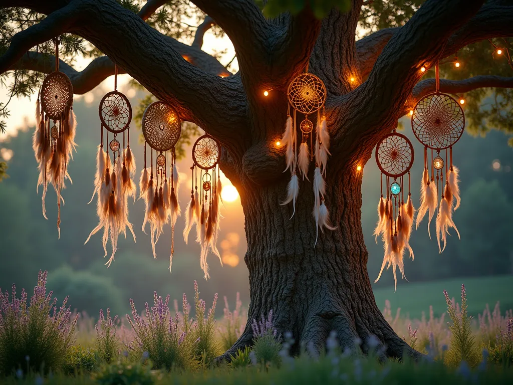 Mystical Dreamcatcher Garden Tree at Twilight - A magical twilight garden scene featuring a majestic old oak tree adorned with multiple bohemian dreamcatchers of varying sizes, ranging from 12 to 36 inches in diameter. The dreamcatchers feature intricate weaving patterns in earth tones, with flowing ribbons, macramé details, and dangling feathers in white, brown, and turquoise. Hanging crystals catch the last rays of sunset, creating prismatic effects. Delicate solar-powered fairy lights are woven through the branches, casting a warm ethereal glow. The tree is surrounded by tall ornamental grasses and flowering lavender, creating a dreamy atmosphere. Shot from a slight low angle to emphasize the tree's grandeur, with the dreamcatchers gently swaying in the evening breeze. Soft bokeh effect in background with string lights.