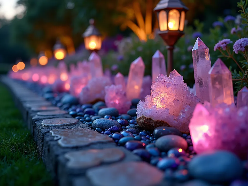 Mystical Crystal Garden Border at Twilight - A close-up enchanting garden border illuminated at dusk, featuring large amethyst clusters, clear quartz points, and rose quartz specimens arranged along a curved flower bed edge. Solar-powered garden lights cast a warm, ethereal glow on the crystals, creating magical light reflections through scattered colored glass rocks in deep blues and purples. Ornate mirror mosaic pieces nestle between the crystals, multiplying the light effect. Shot at golden hour with soft natural light mixing with the solar illumination, captured with shallow depth of field focusing on crystal details while maintaining context of lush garden plantings in the background. Bohemian-style copper lanterns interspersed among the crystal border add additional warmth.