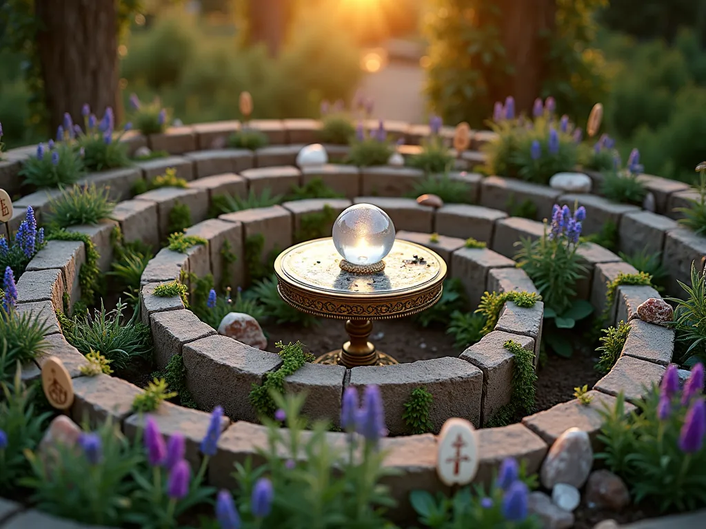 Mystical Spiral Herb Garden at Twilight - A magical spiral herb garden photographed at twilight with golden hour lighting. The elevated spiral pattern is filled with lush herbs including flowering lavender, sage, and rosemary. Scattered throughout are large raw crystals that catch the warm light. Hand-painted wooden tarot card garden markers peek out between the plants. At the center sits an ornate vintage brass table with a large crystal ball and antique mirrors. Twinkling solar-powered fairy lights are woven through the herbs, creating an enchanted atmosphere. Shot from a 45-degree elevated angle to capture the full spiral pattern, with selective focus on the crystal ball centerpiece. Soft bokeh effect in background with trailing wisteria. 16-35mm lens at f/2.8, ISO 400, capturing the magical transition between day and night.